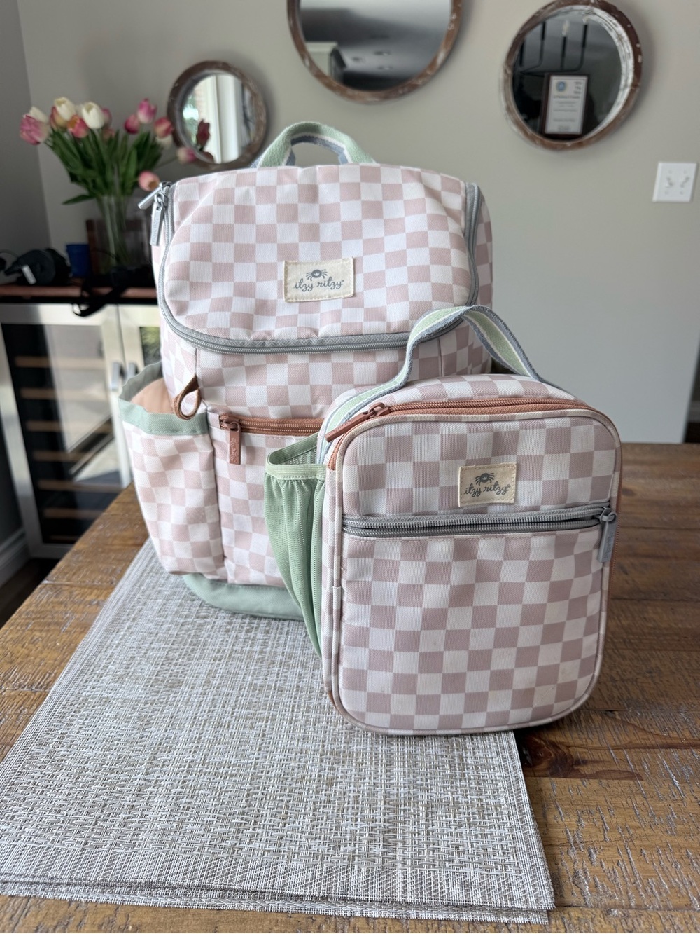 Itzy Ritzy Pink & Cream Checkered Kids Backpack with Matching Lunch Bag
